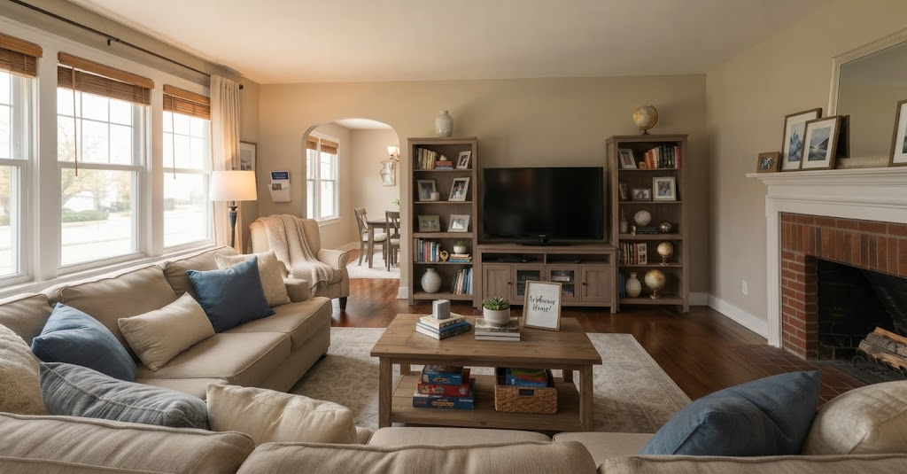 Living room: natural light recovery, straightened lines and balanced colours — after
