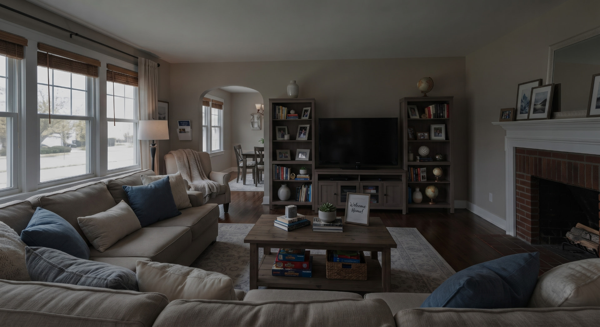 Living room: natural light recovery, straightened lines and balanced colours — before